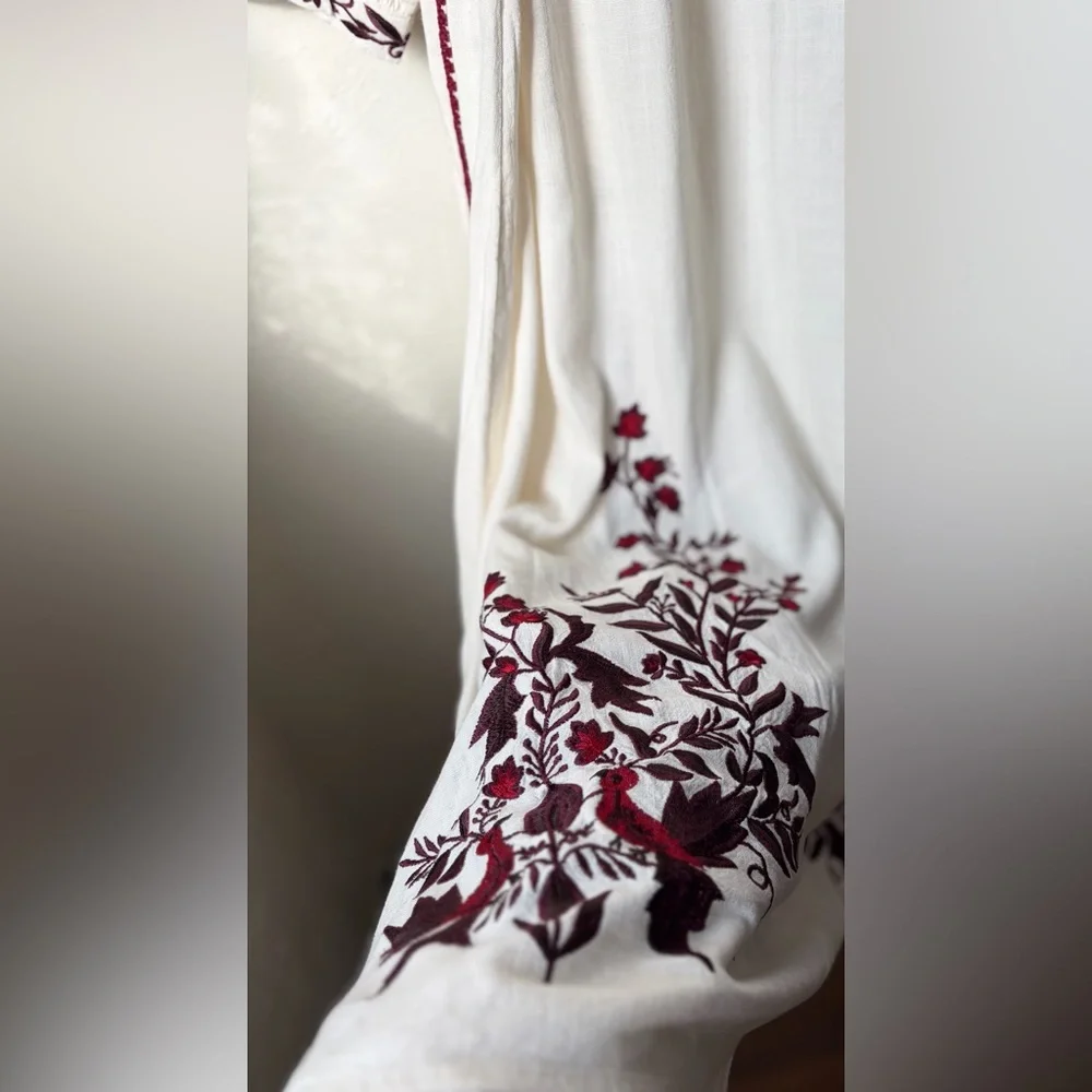 Sundance White Burgundy Embroidered Maxi Dress Tie Waist Boho Cottagecore XL - Picture 5 of 16